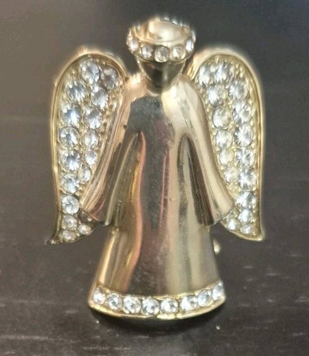 Monet Rhinestone Angel Brooch Pin Gold Tone Clear Crystal Wings Halo 2.25"